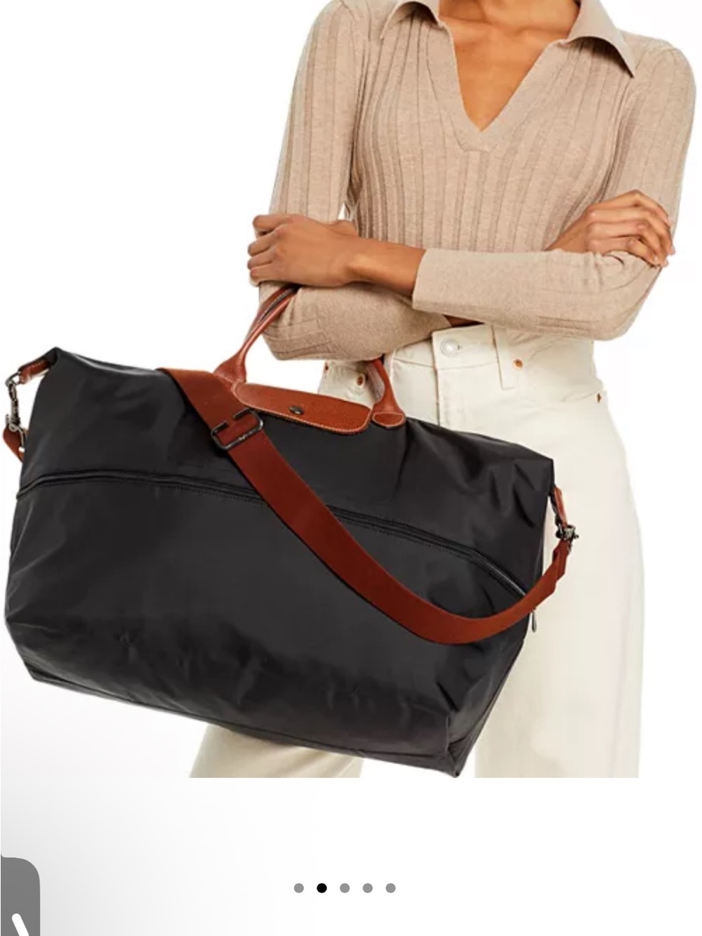 Longchamp Black Travel Weekender with Brown Trim and Strap retail 330 plus tax.